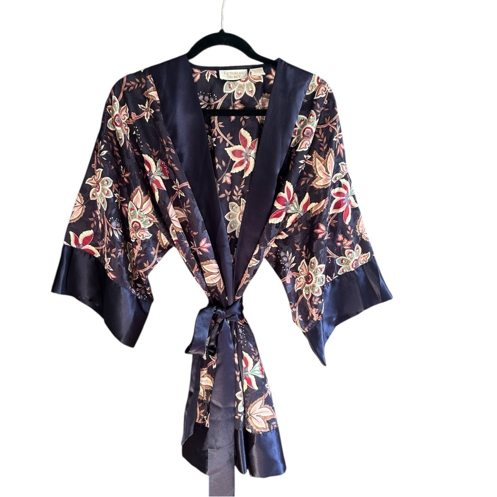 VINTAGE VICTORIA’S SECRET‎ Gold Label Midnight Navy Floral Satin Kimono Robe OS